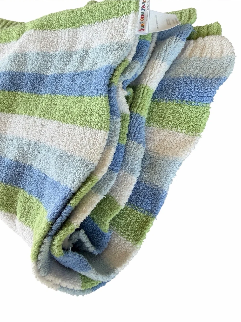 Y2K Carter’s Just One Year Striped Chenille Knit Baby Blanket Blue Green 31x36
